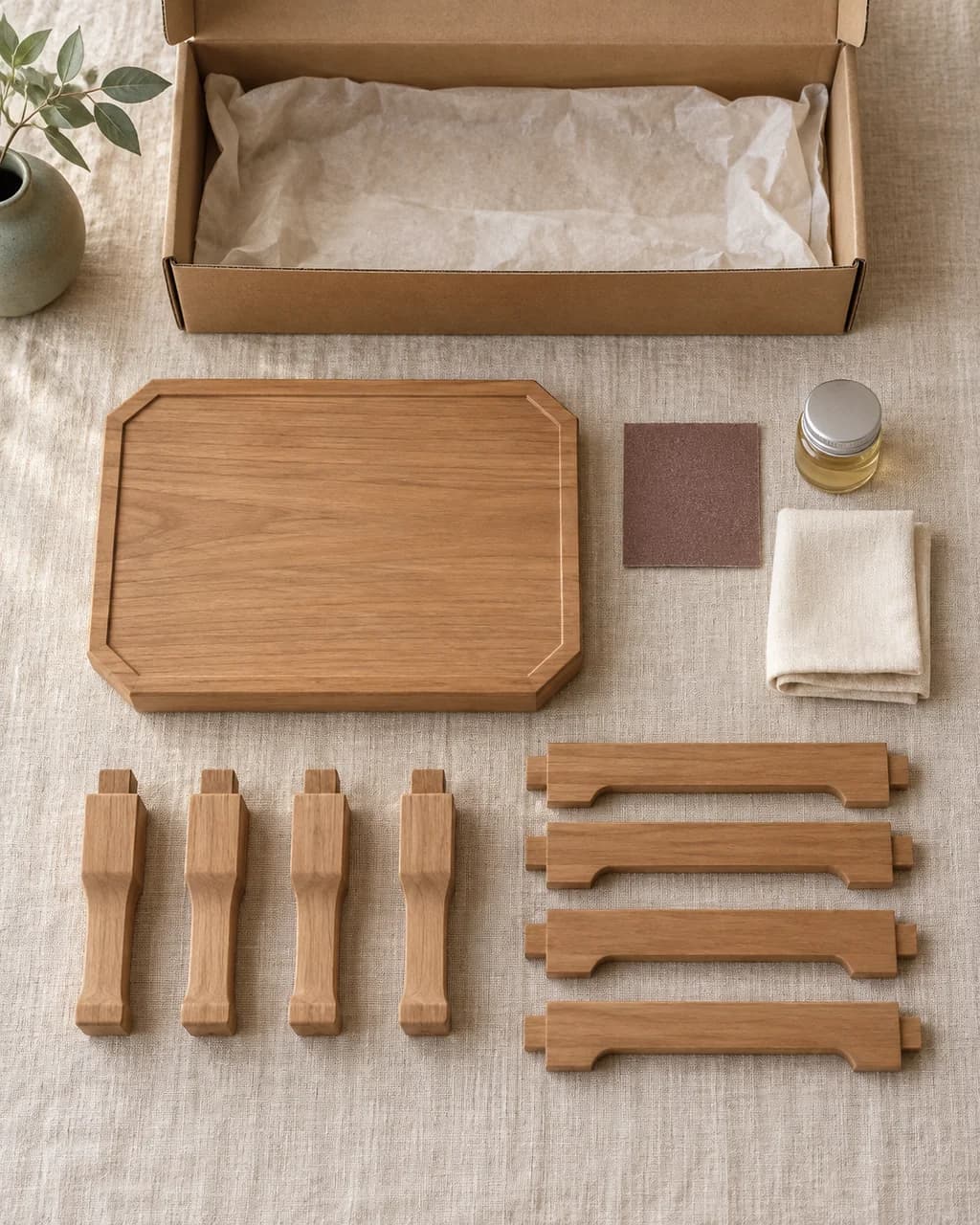 상판과 다리, 마감 도구로 구성한 미니소반 DIY 키트